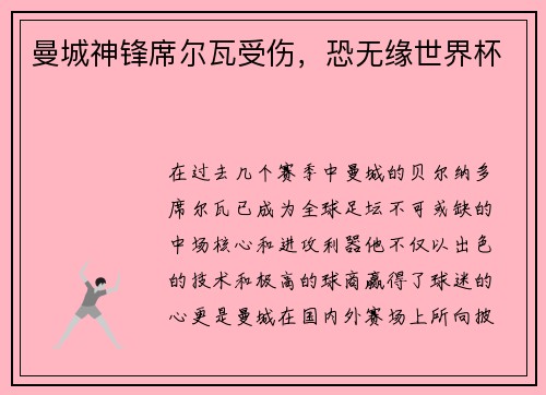 曼城神锋席尔瓦受伤，恐无缘世界杯